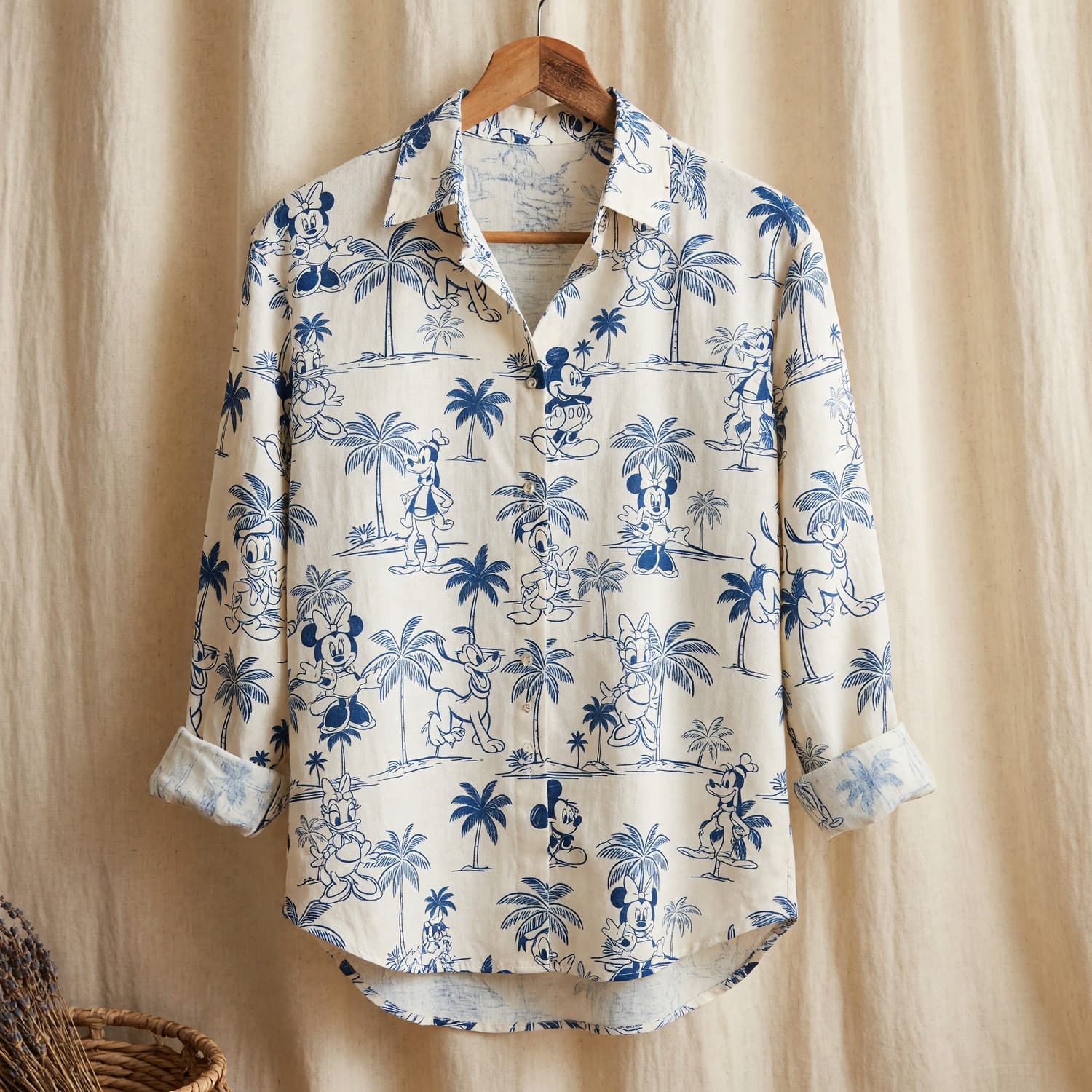 Mouse And Friends Blue Tropical Toile Women's Linen Shirt