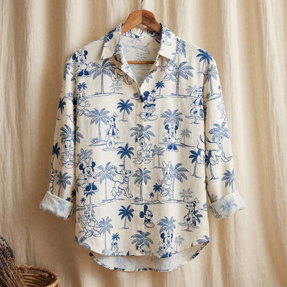 Mouse And Friends Blue Tropical Toile Women's Linen Shirt