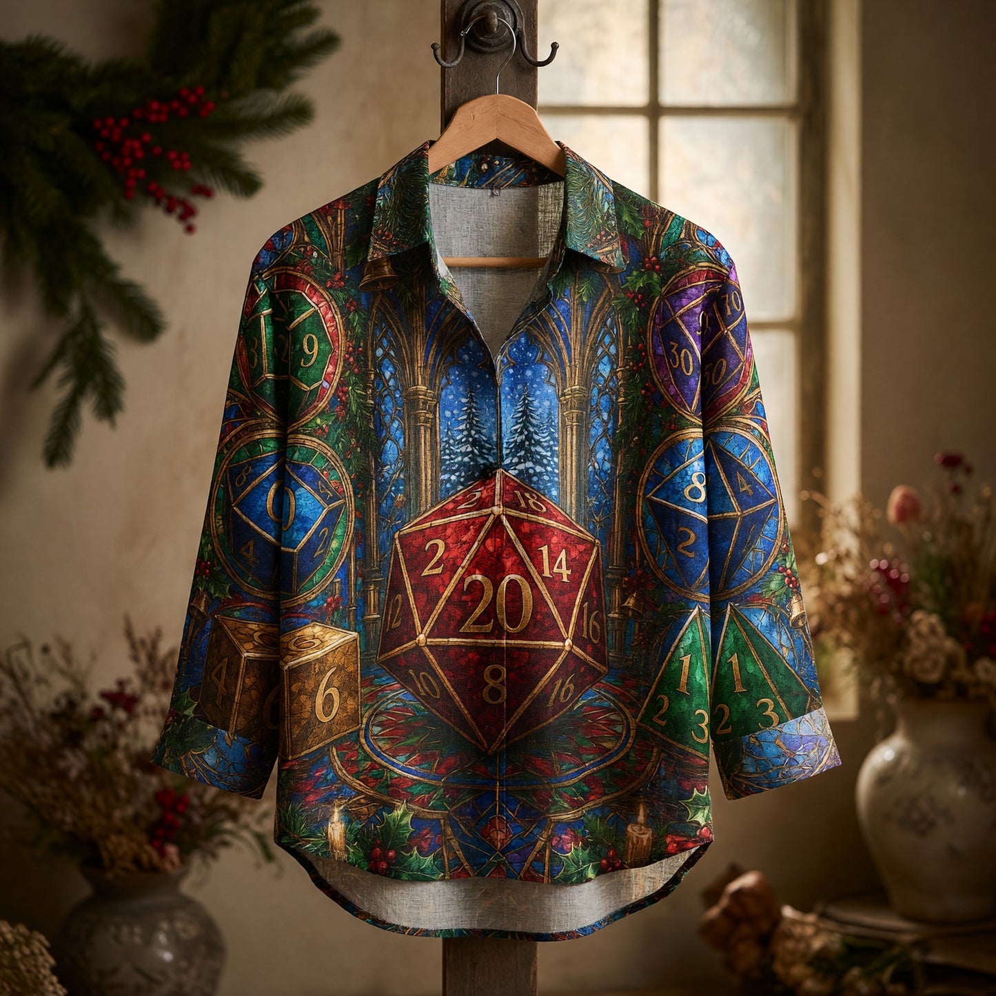 Christmas Dice Linen Shirt - Stained Glass Holiday RPG