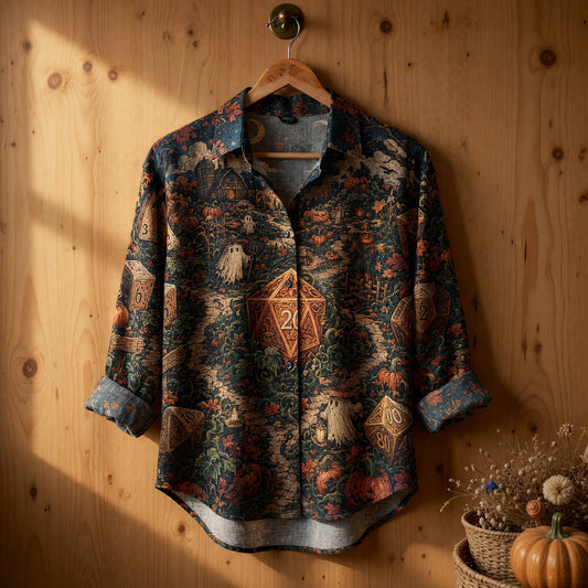 Halloween Linen Shirt - Spooky Dice Pumpkin Patch RPG Scene