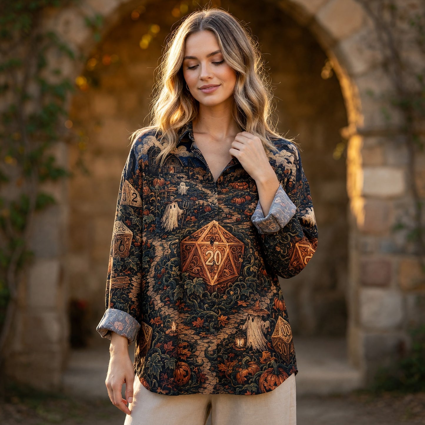 Halloween Linen Shirt - Spooky Dice Pumpkin Patch RPG Scene