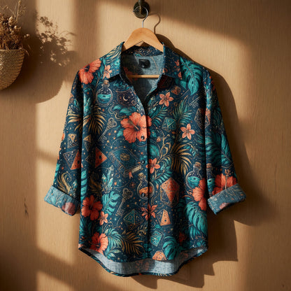 Mystic Tropical Linen Shirt - Fantasy RPG Dice Pattern
