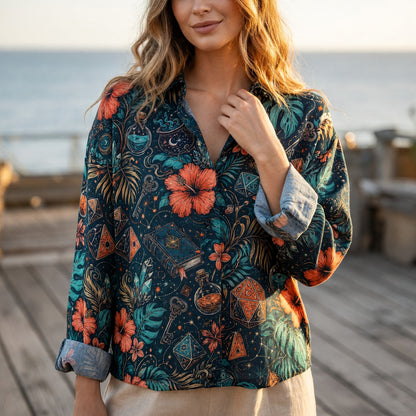 Mystic Tropical Linen Shirt - Fantasy RPG Dice Pattern