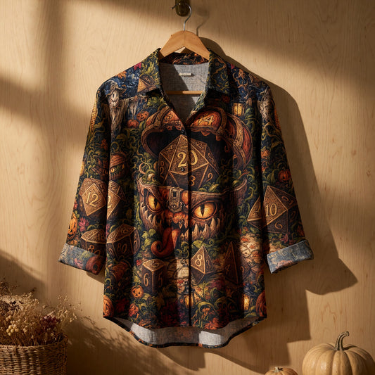 Mimic Halloween Linen Shirt - Fantasy RPG Dice Art