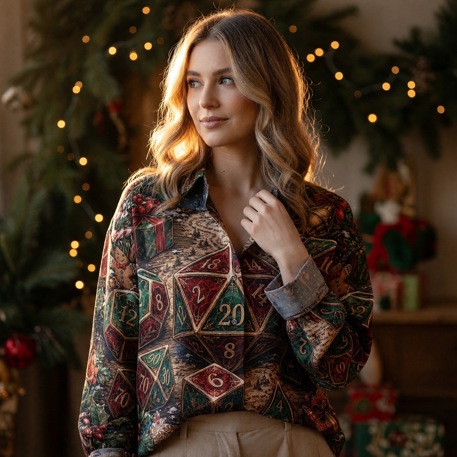 Christmas Dice Linen Shirt - Holiday Tabletop RPG Apparel