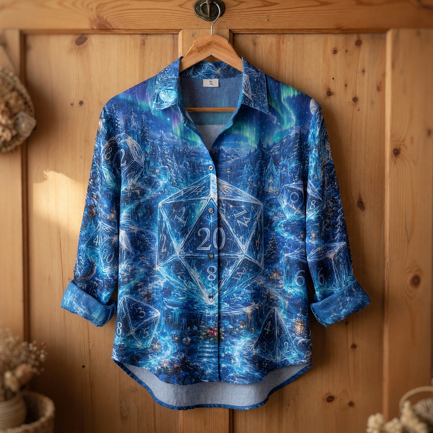Crystal Dice Linen Shirt - Fantasy Winter Aurora RPG