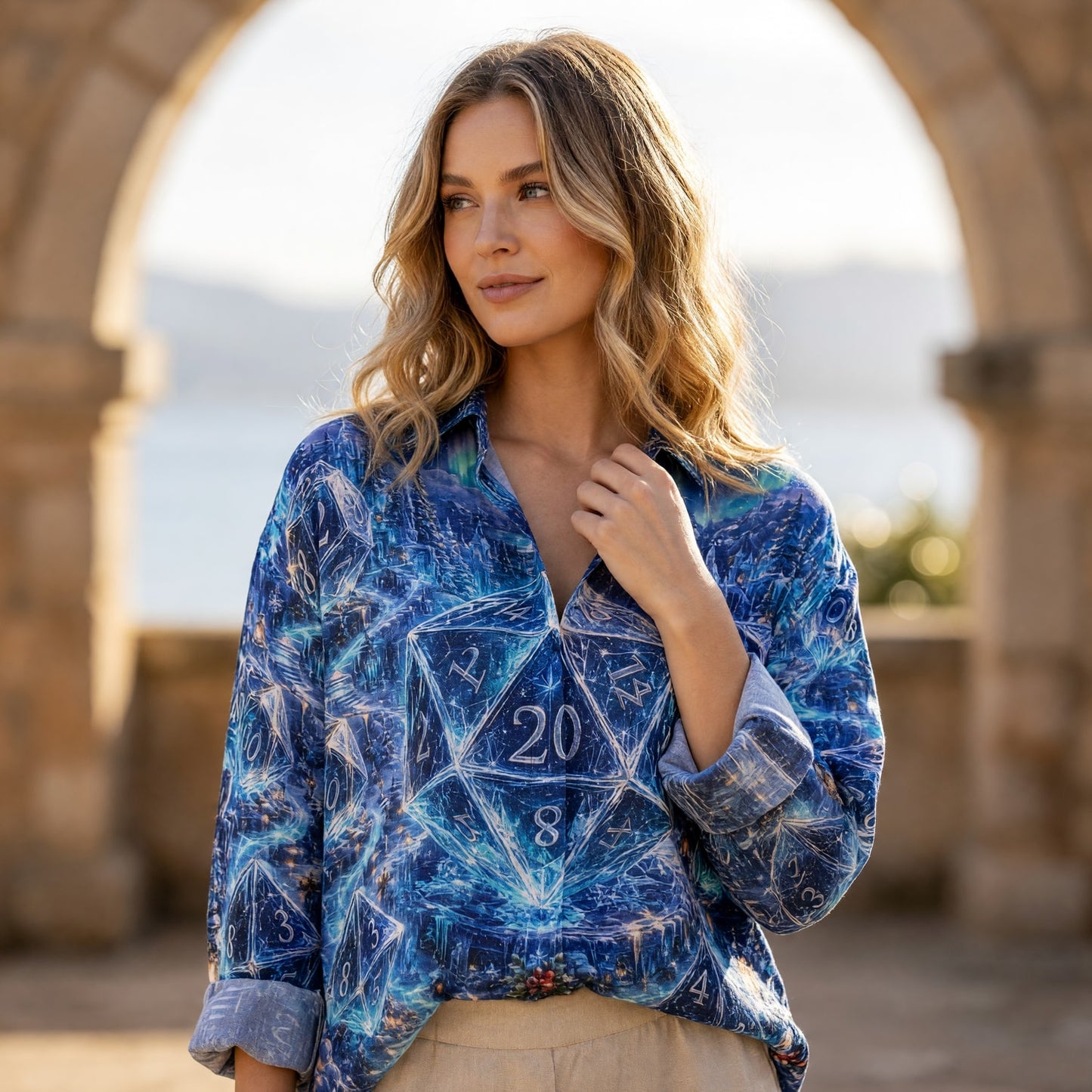 Crystal Dice Linen Shirt - Fantasy Winter Aurora RPG