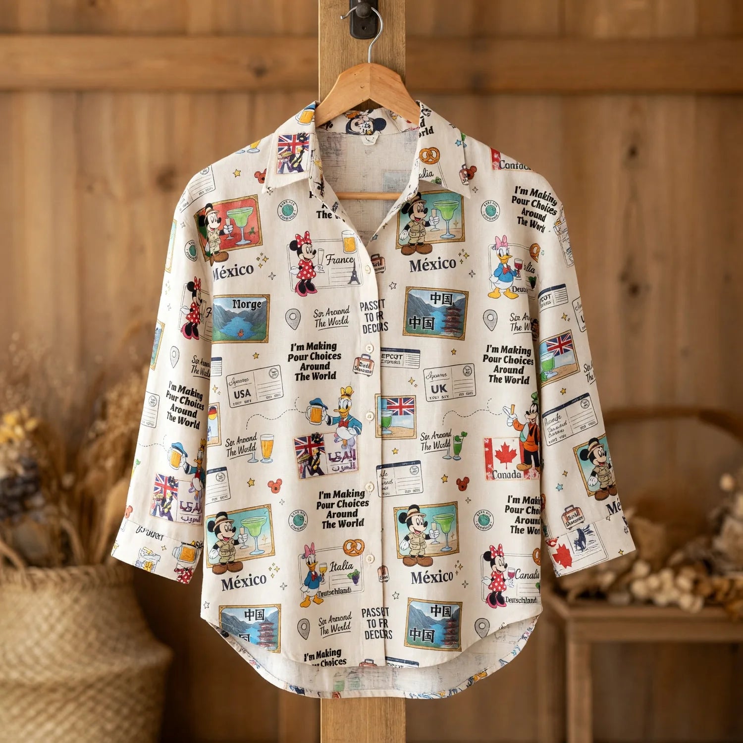 World Park Sip Around The World Linen Shirt - Pour Choices Travel Theme