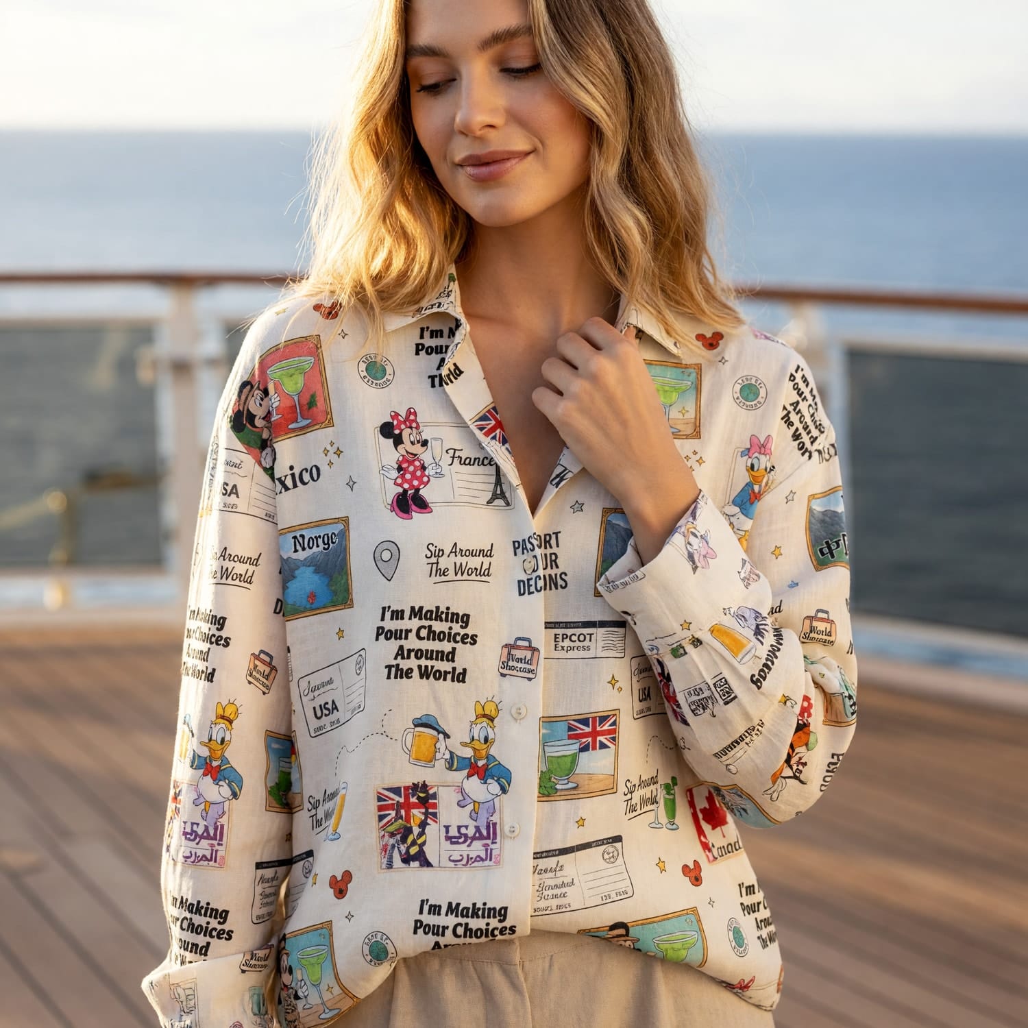 World Park Sip Around The World Linen Shirt - Pour Choices Travel Theme