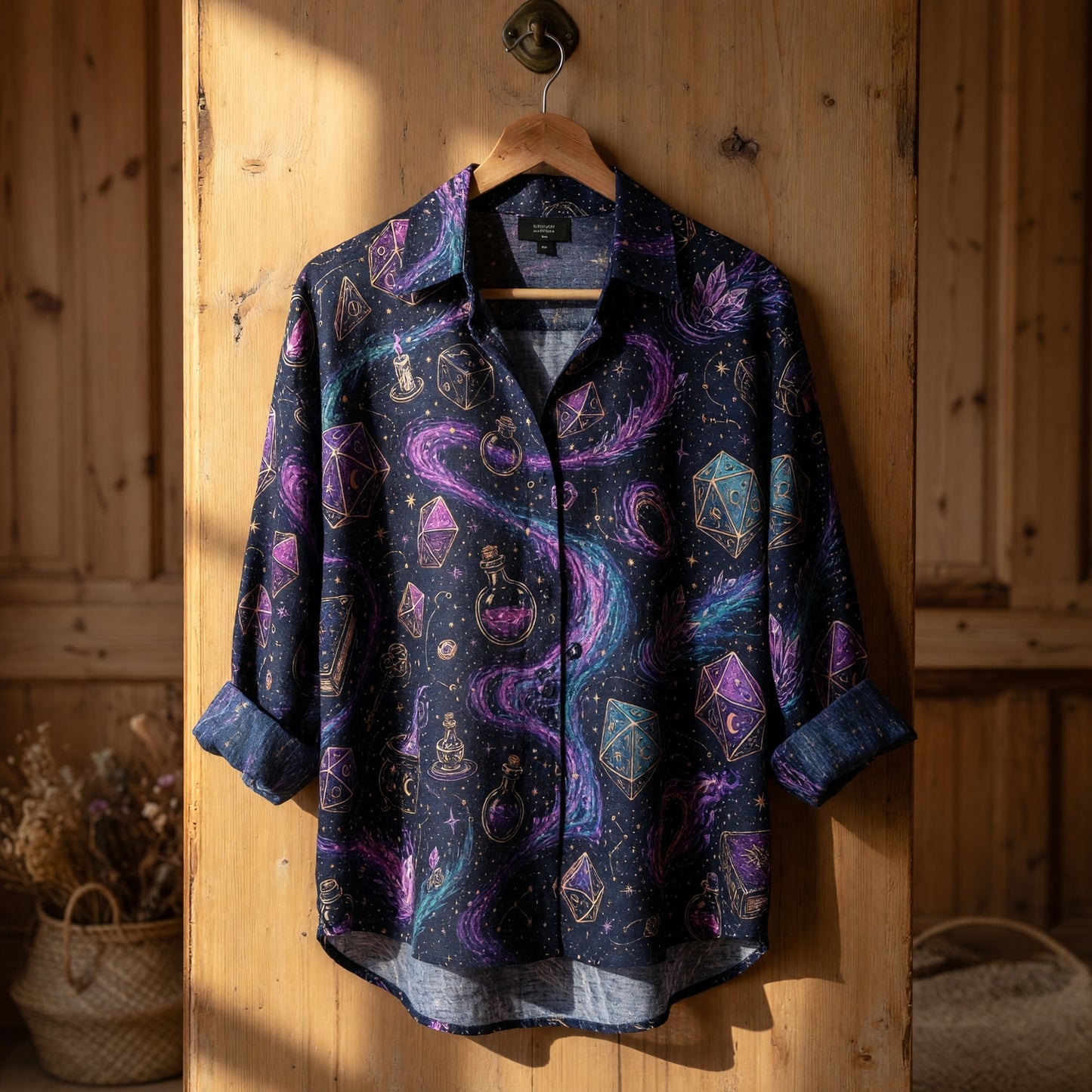 Mystic Dice Witchcraft Linen Shirt - Celestial Arcane Pattern