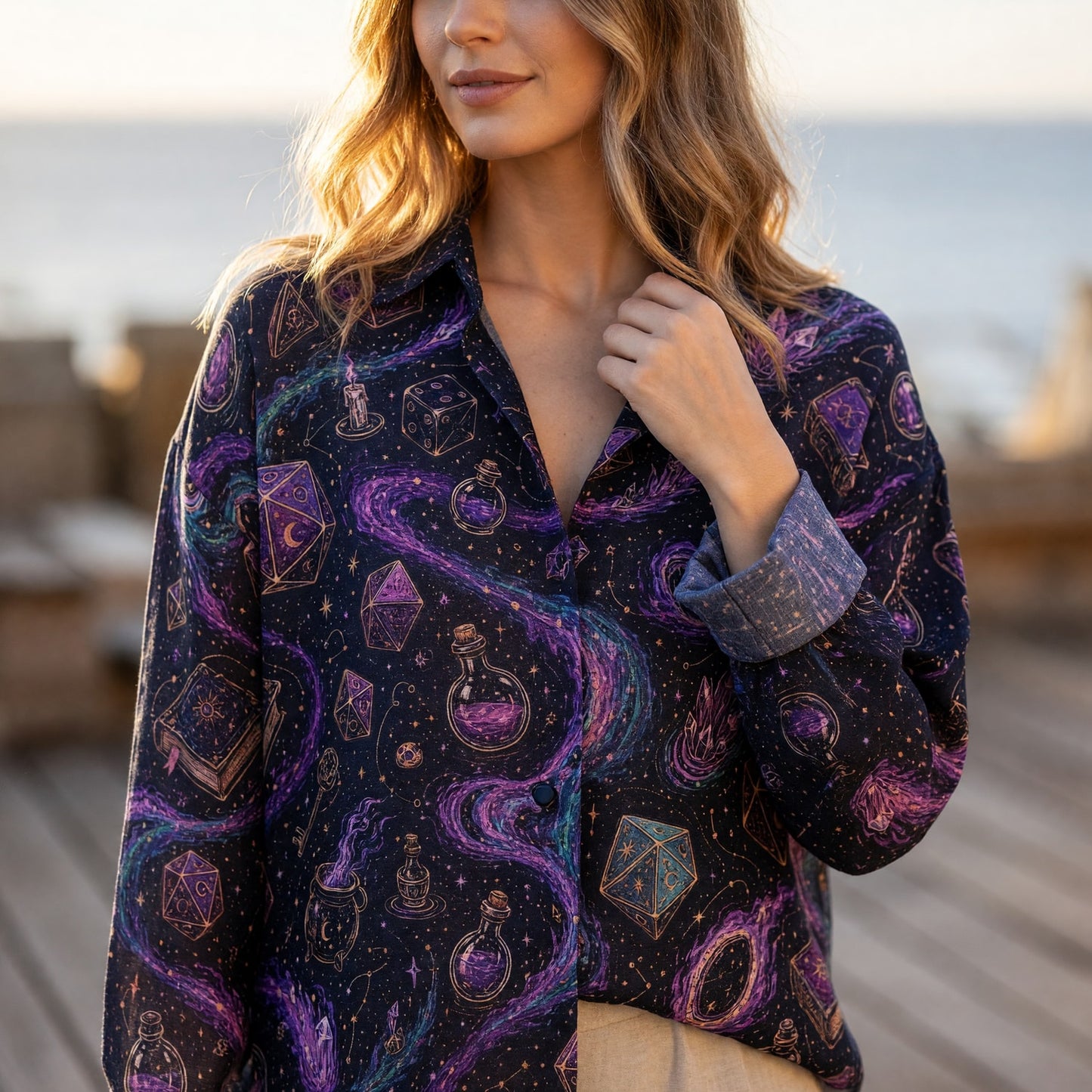 Mystic Dice Witchcraft Linen Shirt - Celestial Arcane Pattern