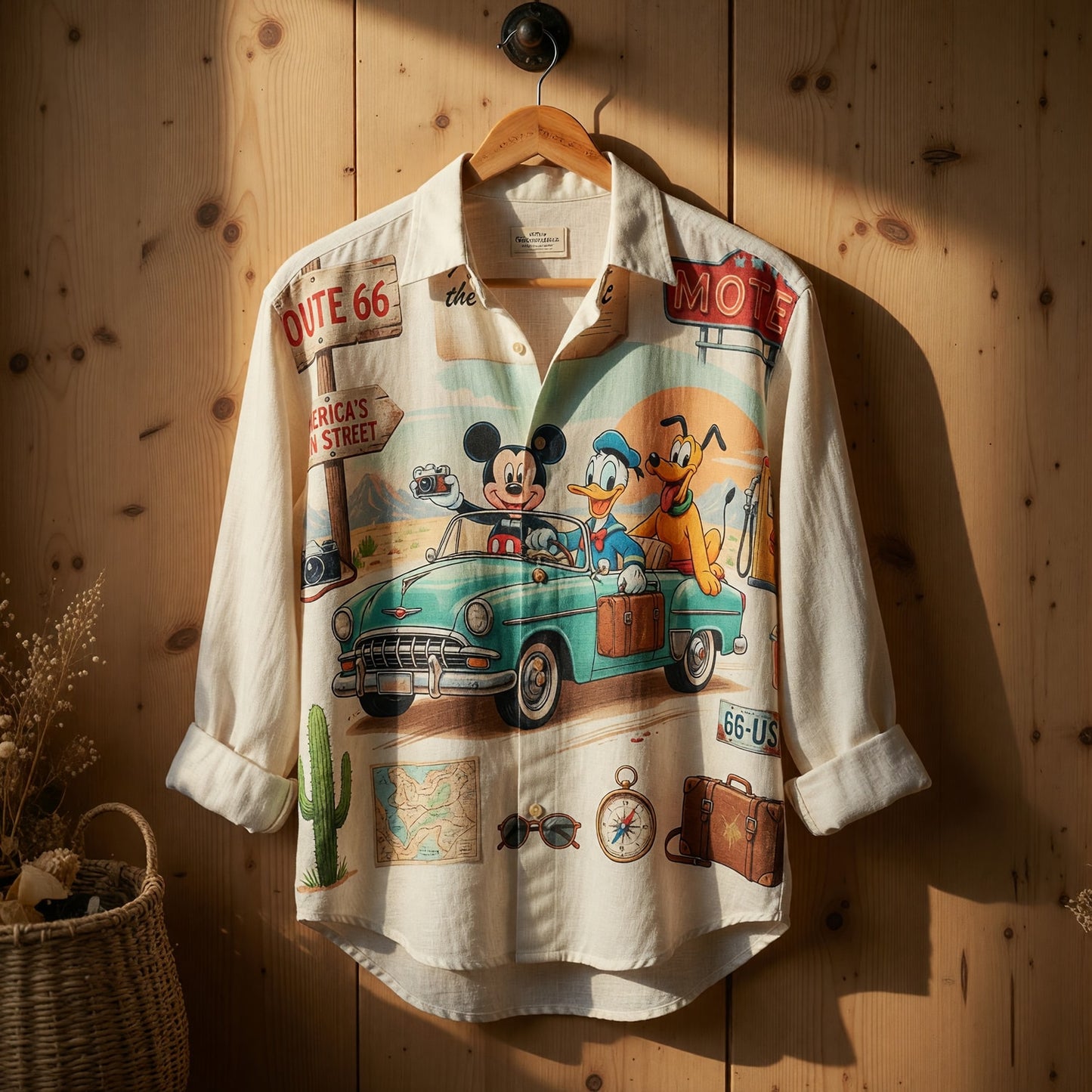 Mouse Route 66 Linen Shirt - Retro Road Trip
