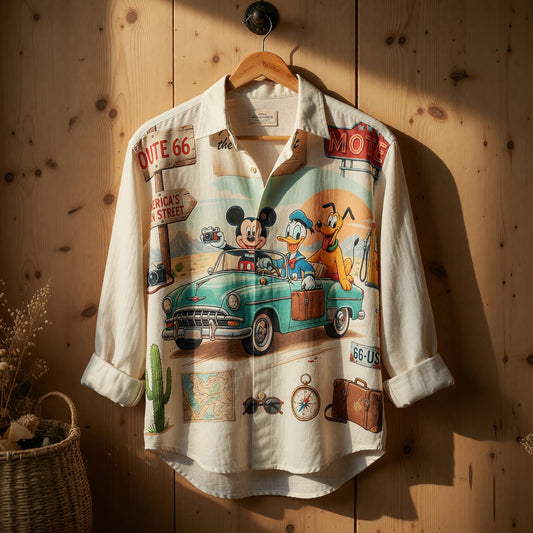 Mouse Route 66 Linen Shirt - Retro Road Trip