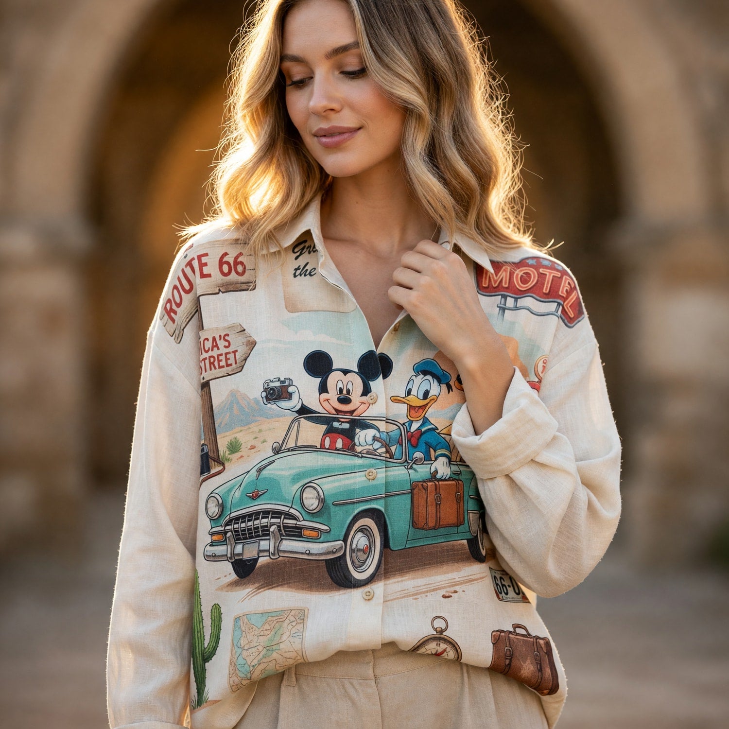 Mouse Route 66 Linen Shirt - Retro Road Trip