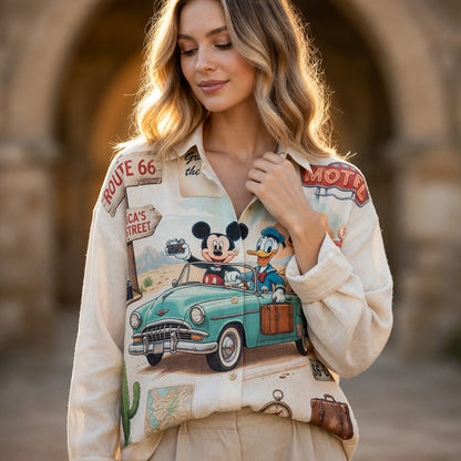 Mouse Route 66 Linen Shirt - Retro Road Trip