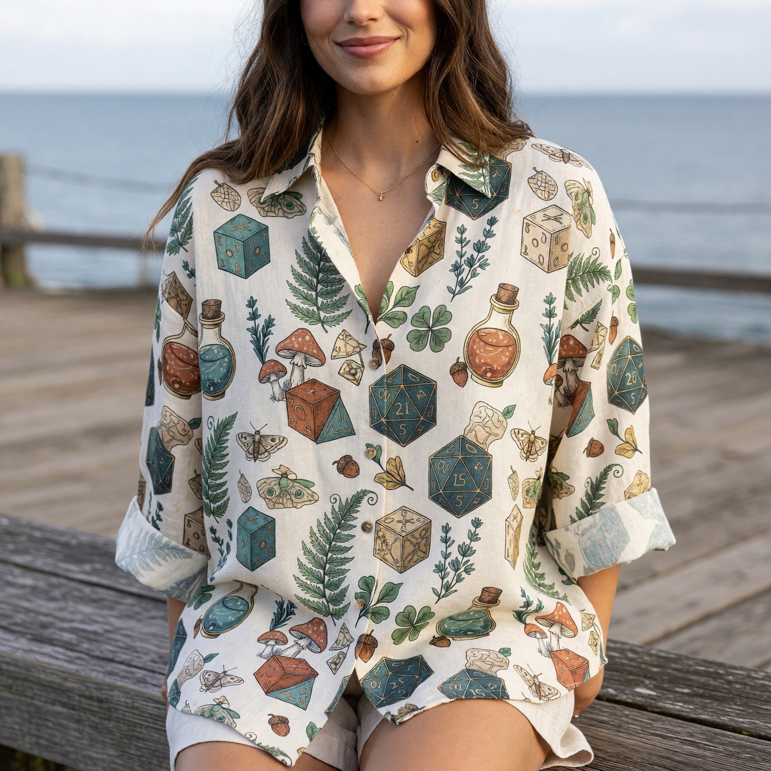 Dice Linen Shirt - Fantasy Mushroom RPG Pattern