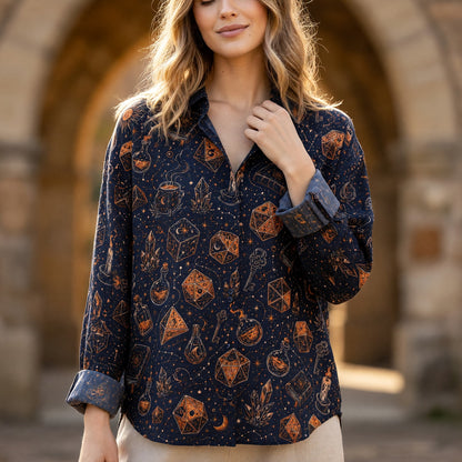 Witchcraft Linen Shirt - Mystic Dice Occult Fantasy Pattern