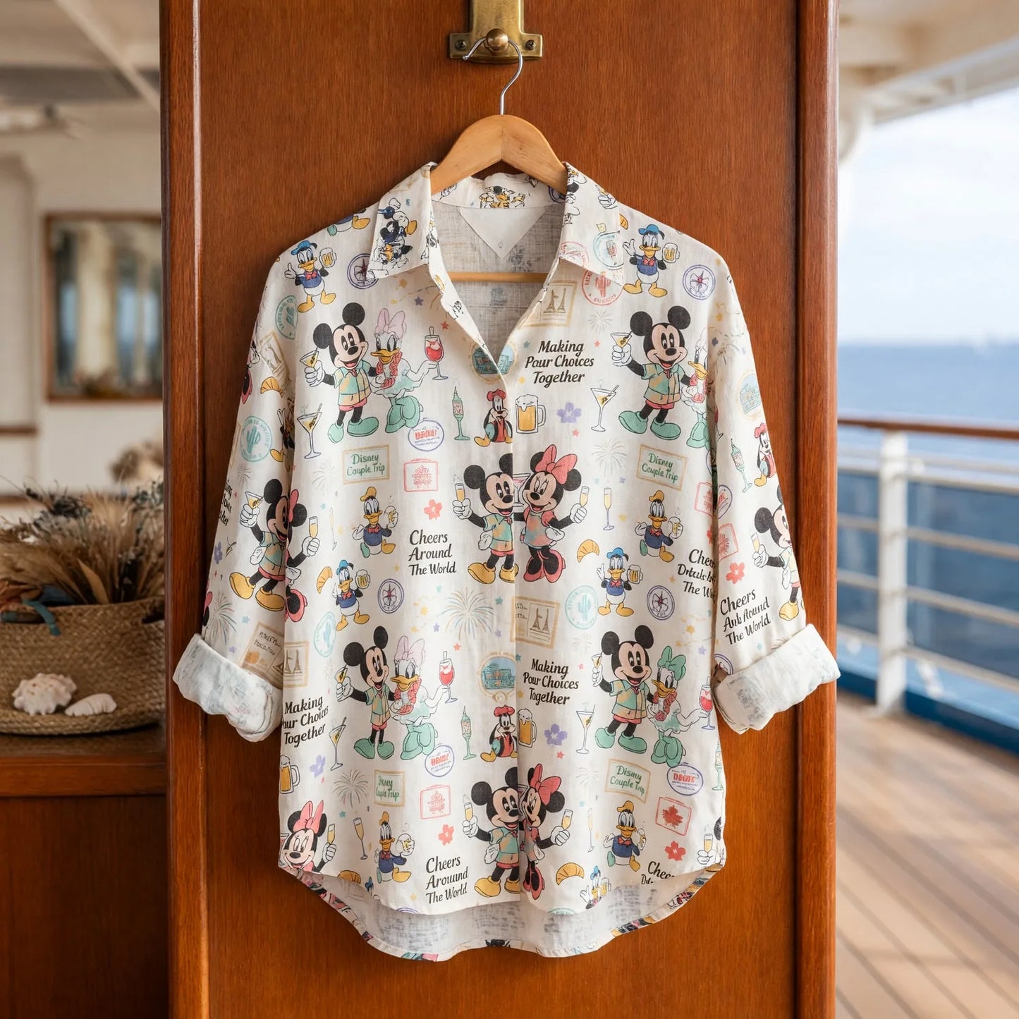 Drink Around The World Linen Shirt - Mouse Vacation Couple Apparel