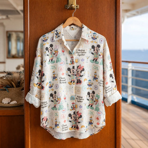 Drink Around The World Linen Shirt - Mouse Vacation Couple Apparel