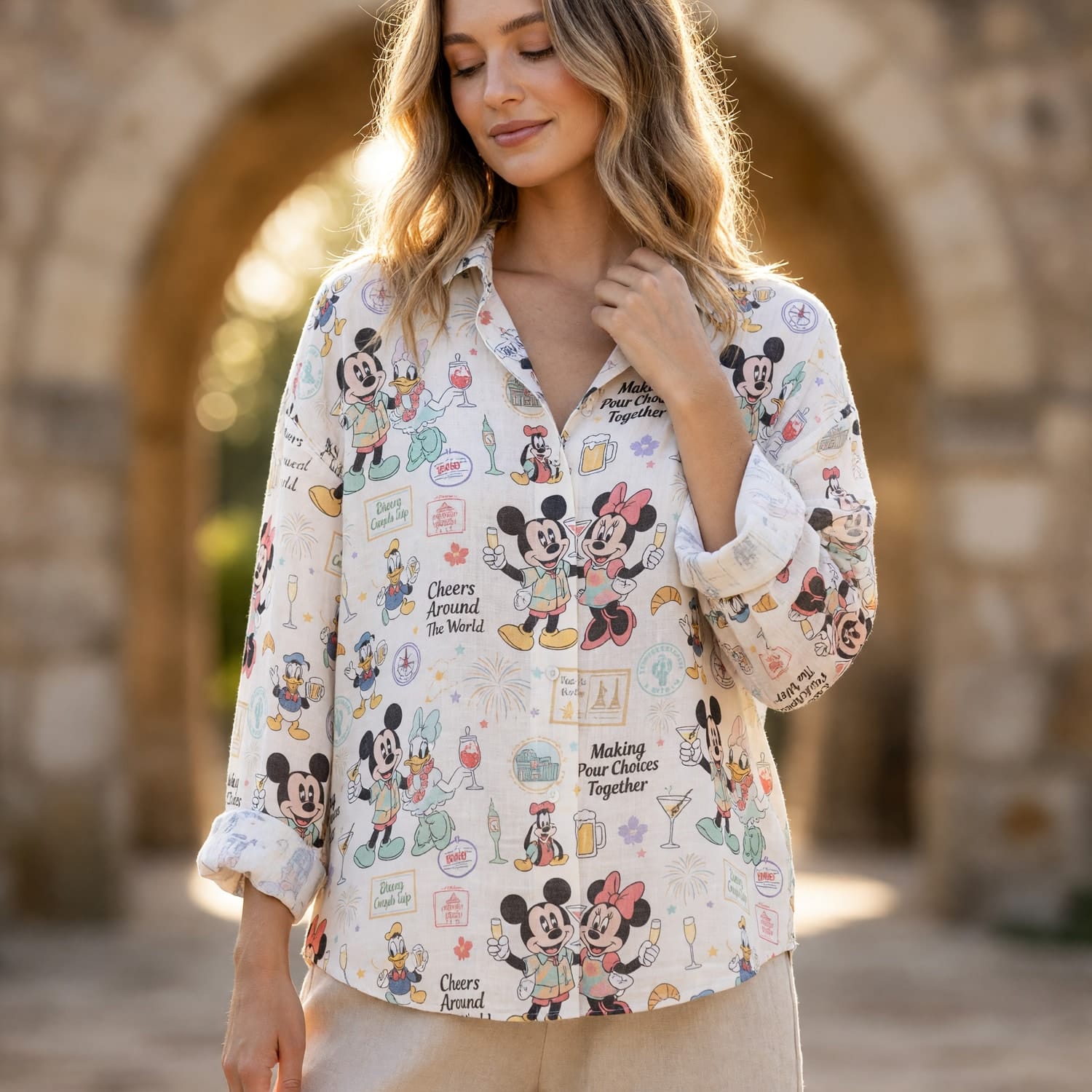Drink Around The World Linen Shirt - Mouse Vacation Couple Apparel