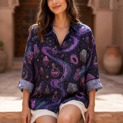 Fantasy RPG Dice Linen Shirt - Cosmic Mystic Wizard Apparel