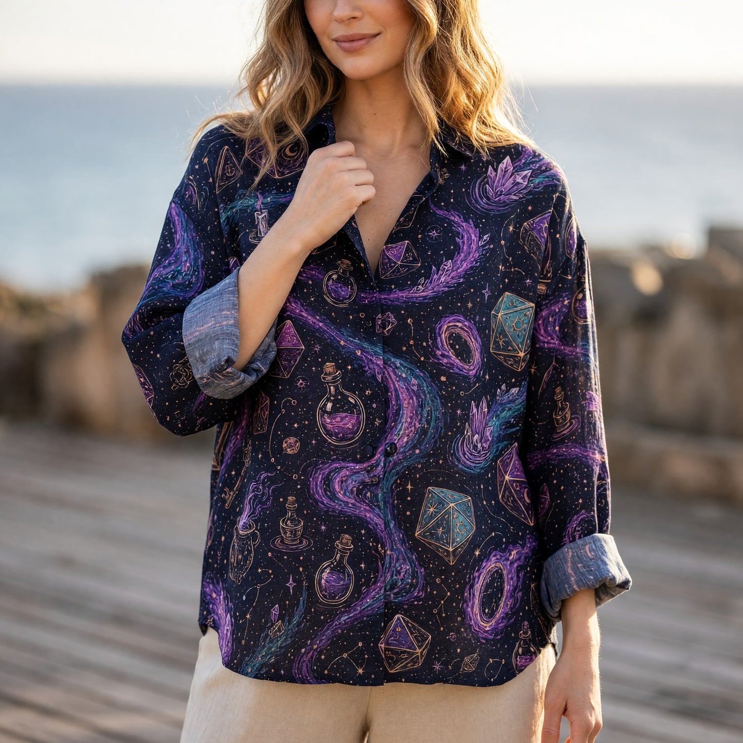 Fantasy RPG Dice Linen Shirt - Cosmic Mystic Wizard Apparel