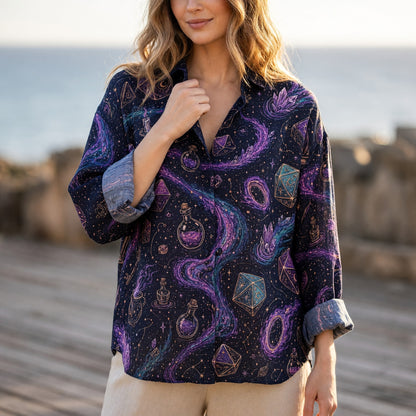 Fantasy RPG Dice Linen Shirt - Cosmic Mystic Wizard Apparel