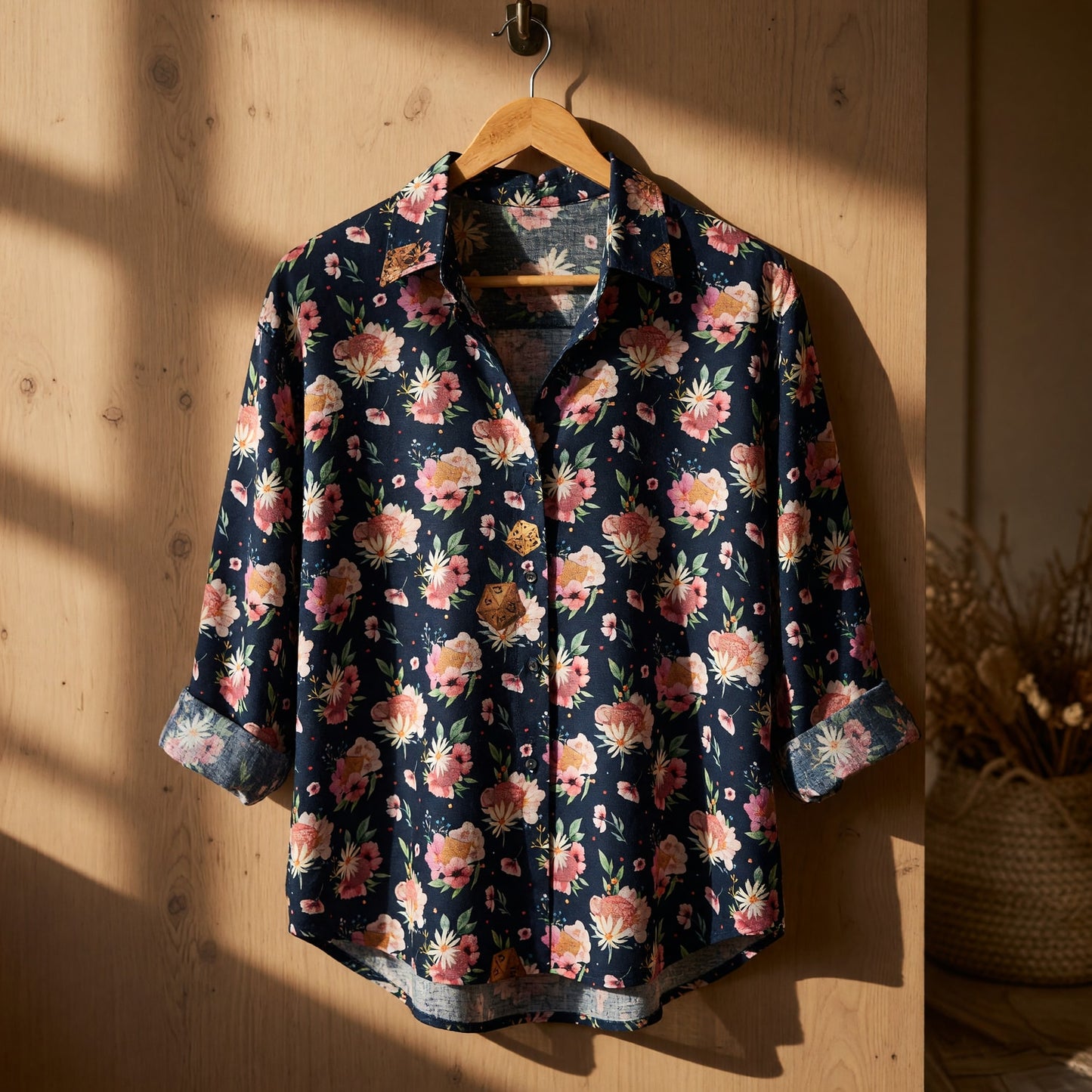 Floral Dice Linen Shirt - Romantic Gamer Pattern