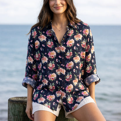 Floral Dice Linen Shirt - Romantic Gamer Pattern