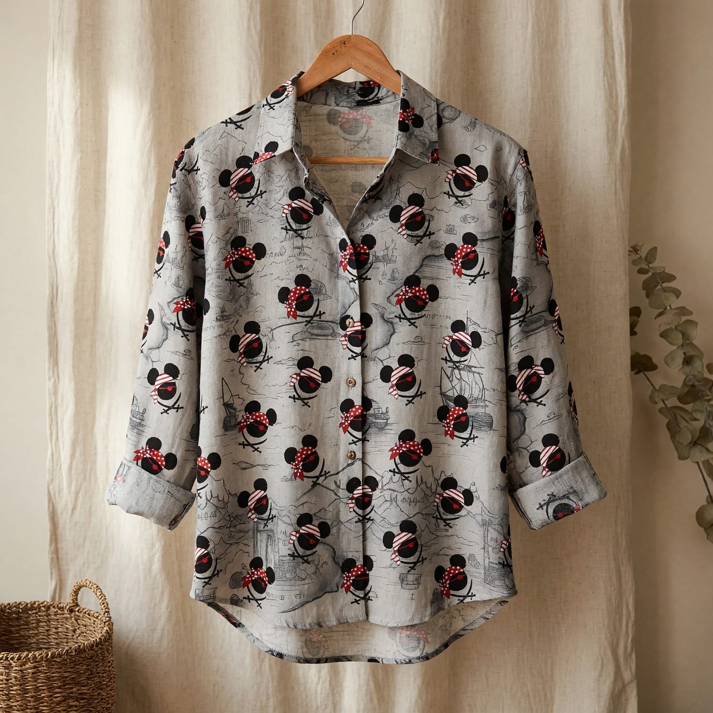 Mouse Pirate Skull Treasure Map Women's Linen Shirt