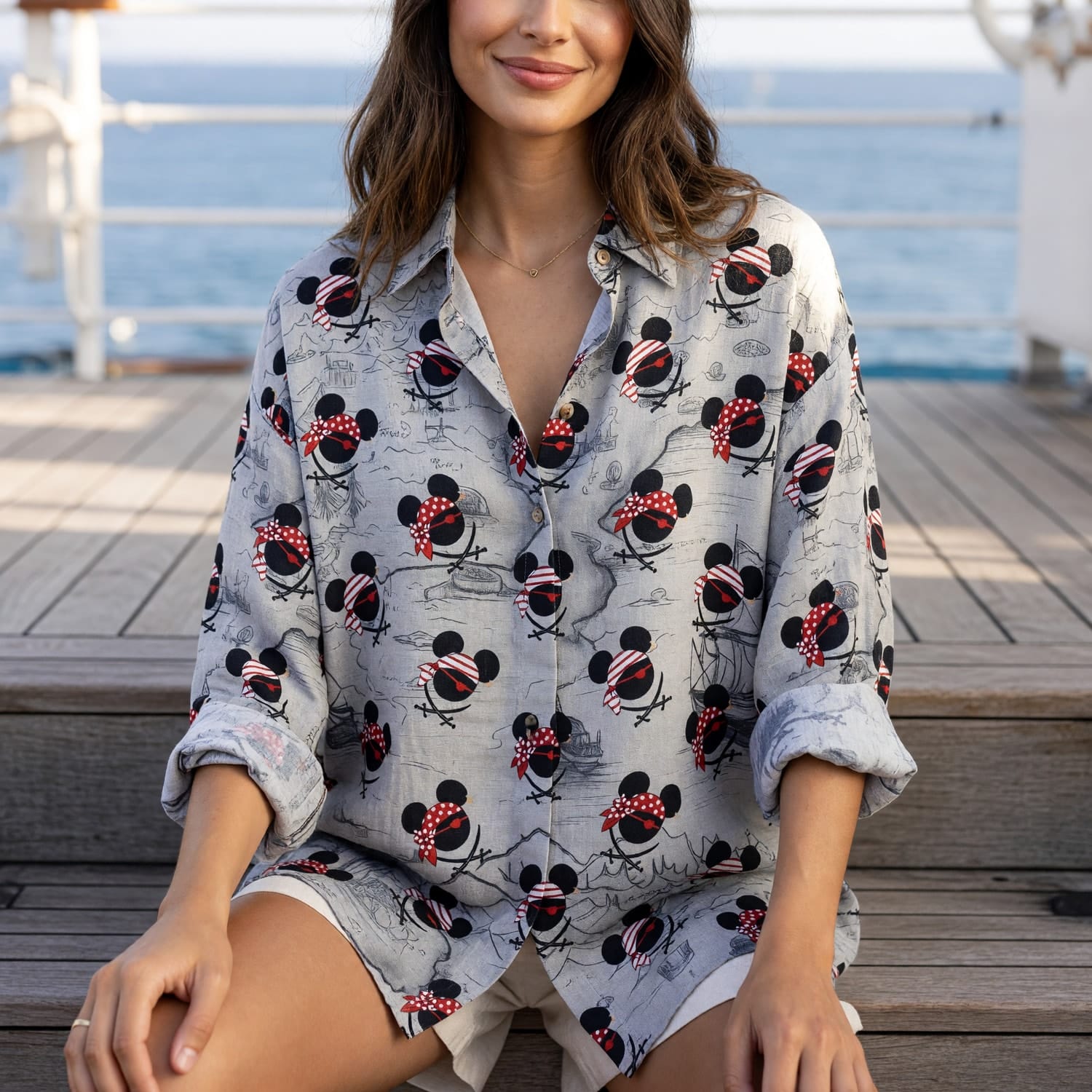Mouse Pirate Skull Treasure Map Women's Linen Shirt