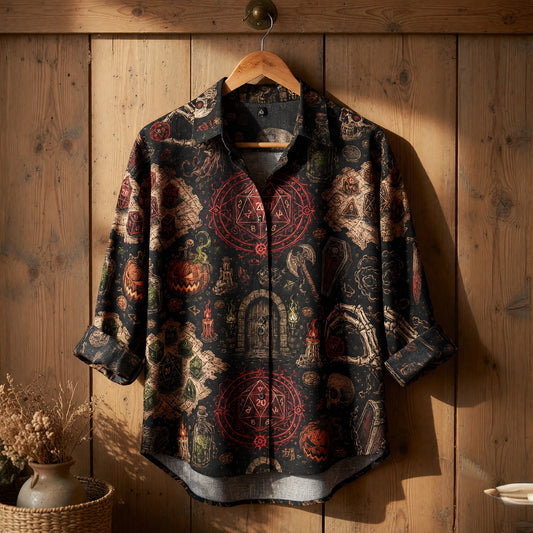 Fantasy Dungeon Linen Shirt - Dark Gothic Halloween Dice