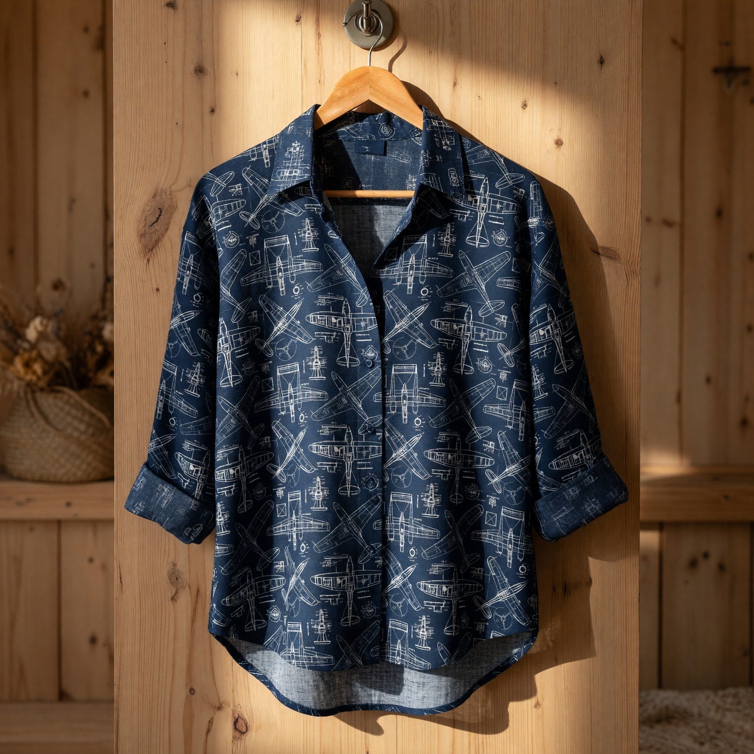 Vintage Airplane Blueprint Linen Shirt - Aviation Pattern Apparel