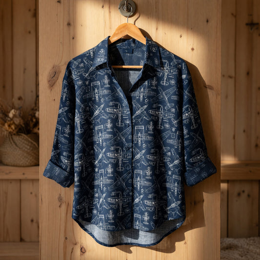 Vintage Airplane Blueprint Linen Shirt - Aviation Pattern Apparel
