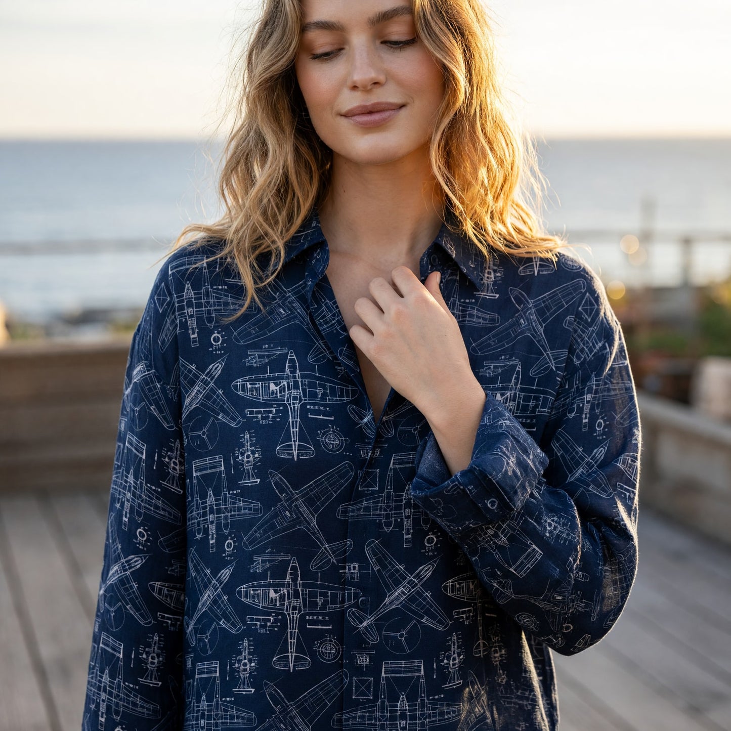Vintage Airplane Blueprint Linen Shirt - Aviation Pattern Apparel