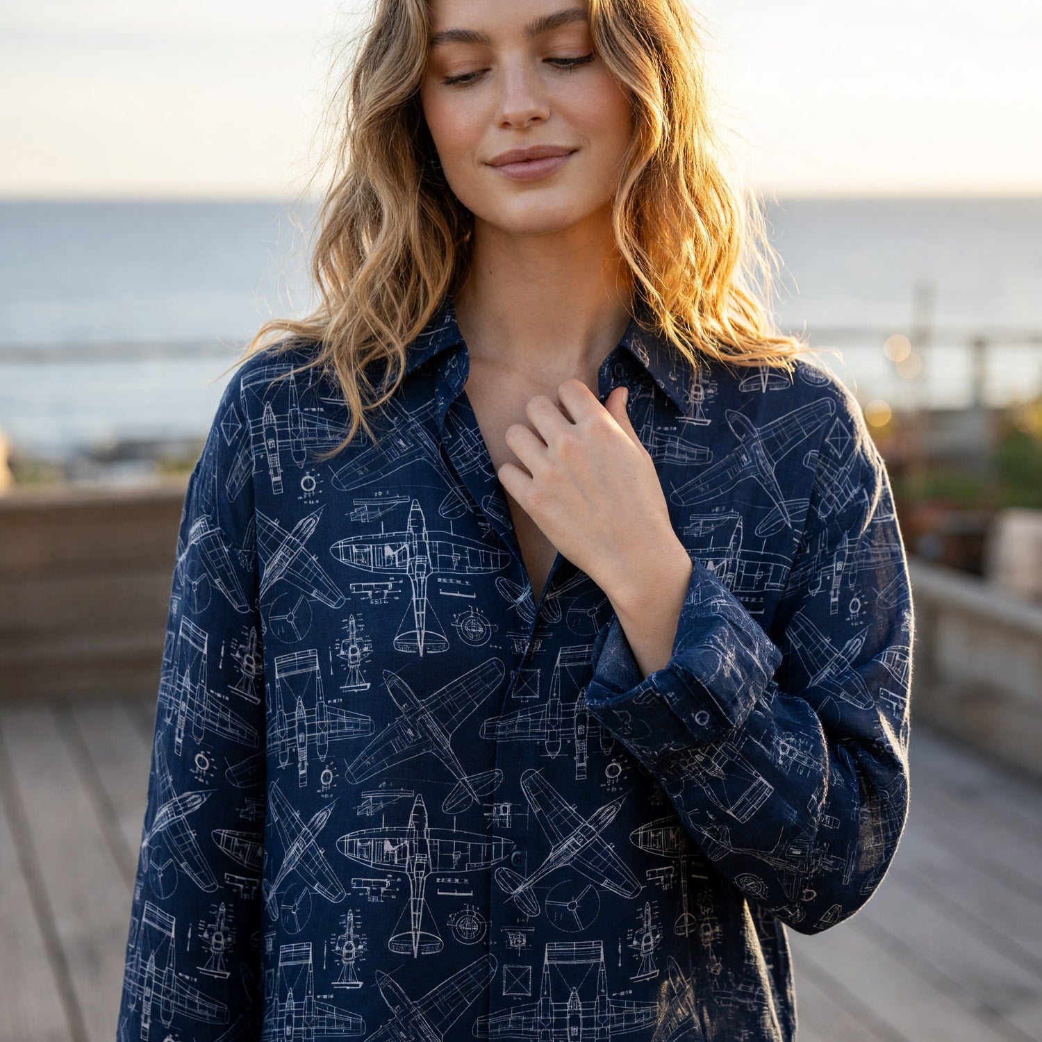 Vintage Airplane Blueprint Linen Shirt - Aviation Pattern Apparel