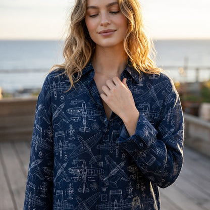 Vintage Airplane Blueprint Linen Shirt - Aviation Pattern Apparel