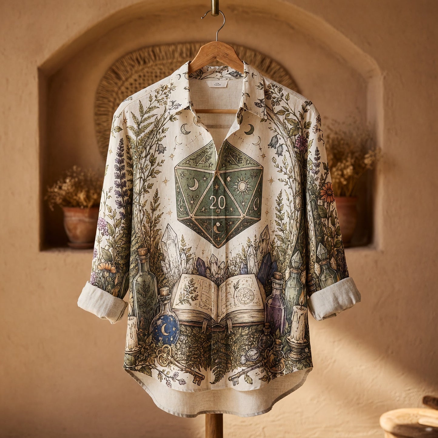 D20 Mystic Witch Linen Shirt - Celestial Herbal Fantasy RPG
