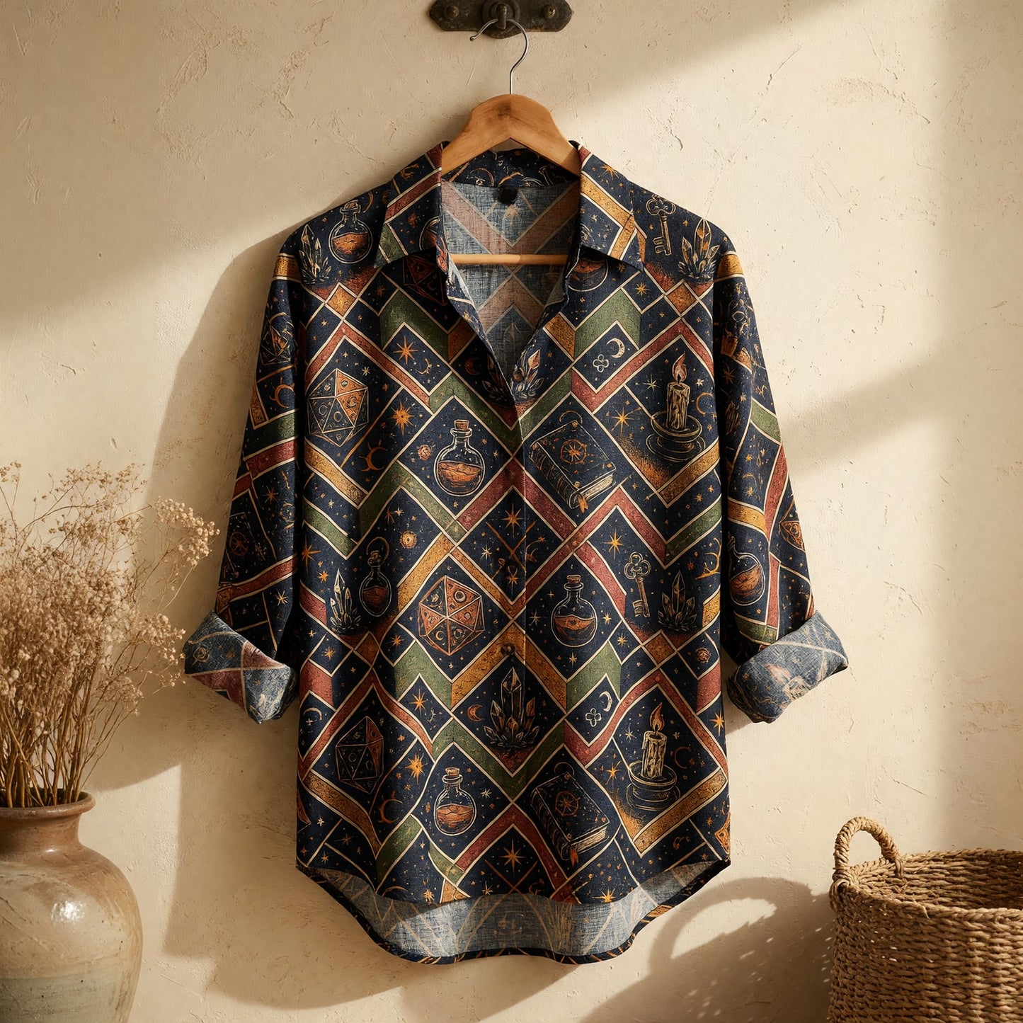 Arcane Wizard Alchemy Linen Shirt - Mystic Dice Potion Pattern