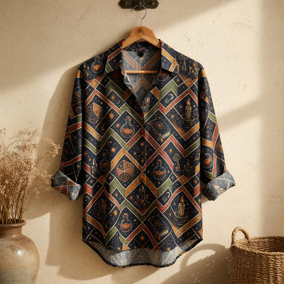 Arcane Wizard Alchemy Linen Shirt - Mystic Dice Potion Pattern