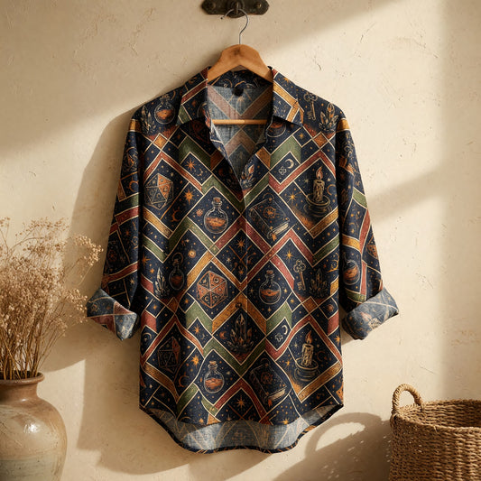 Arcane Wizard Alchemy Linen Shirt - Mystic Dice Potion Pattern
