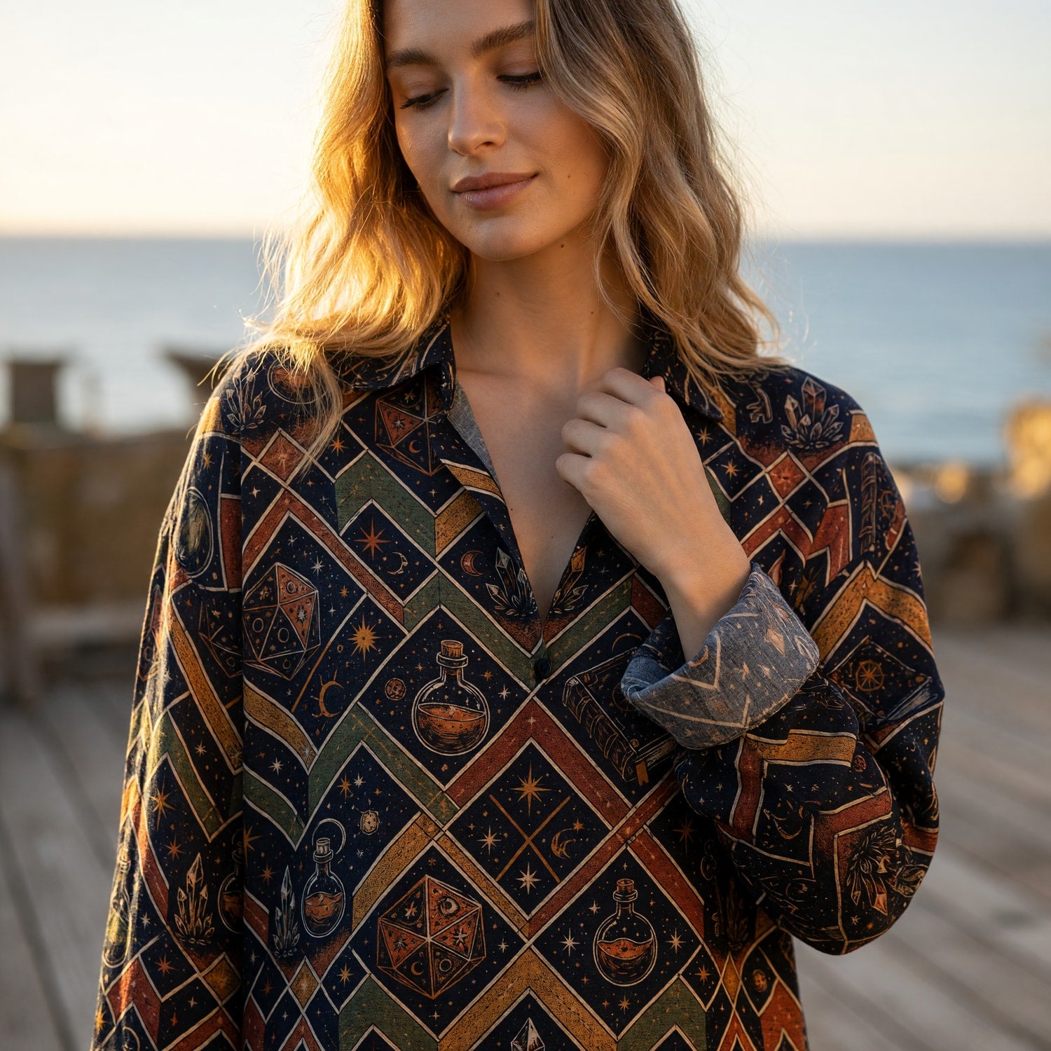 Arcane Wizard Alchemy Linen Shirt - Mystic Dice Potion Pattern