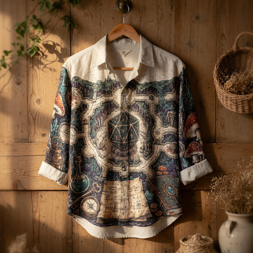 Fantasy Dungeon D20 Linen Shirt - Fantasy RPG Map Adventure
