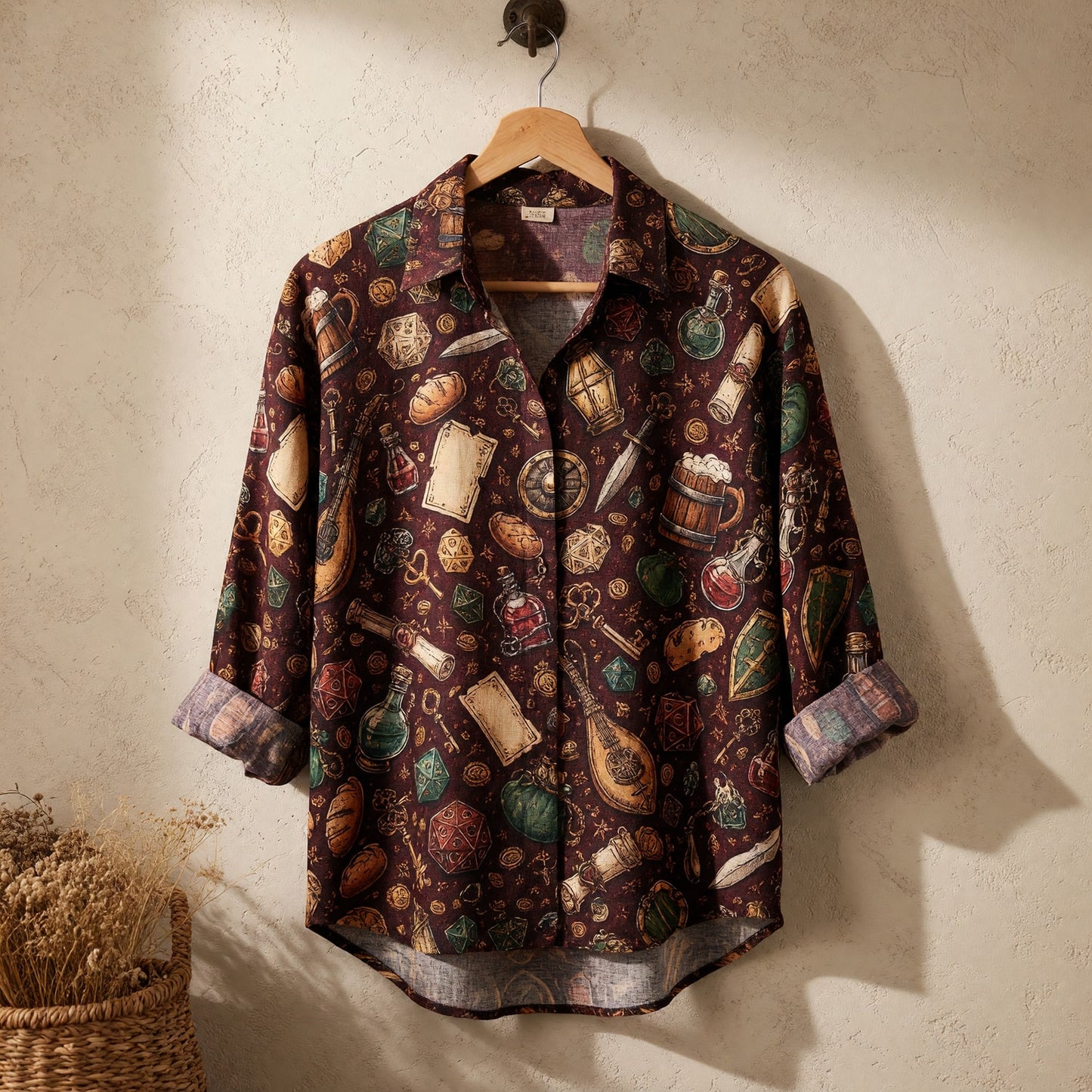 Fantasy Dungeon Linen Shirt - Fantasy RPG Dice Loot Pattern