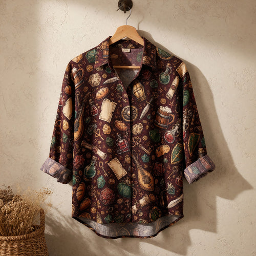 Fantasy Dungeon Linen Shirt - Fantasy RPG Dice Loot Pattern