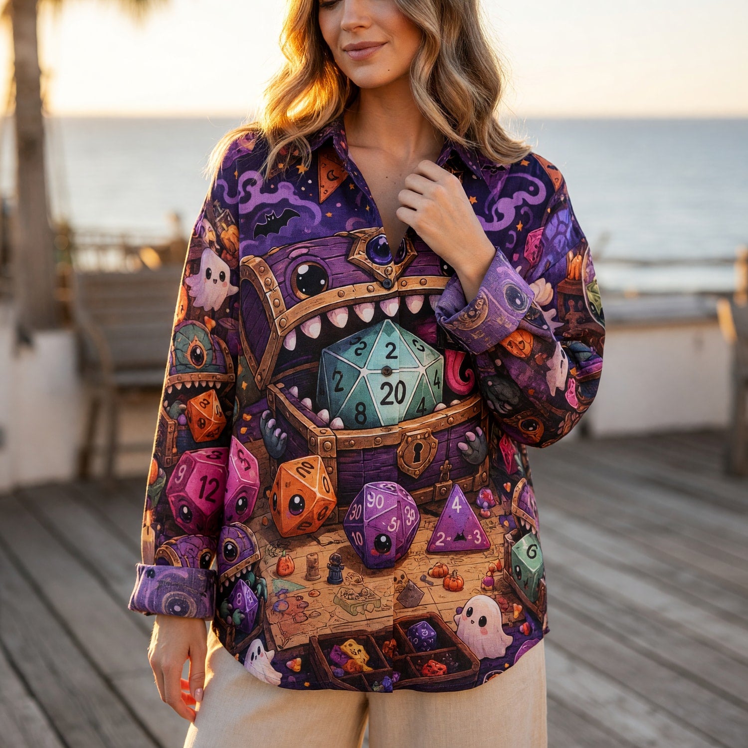 Halloween Mimic Chest Linen Shirt - Cute Dice RPG Streetwear