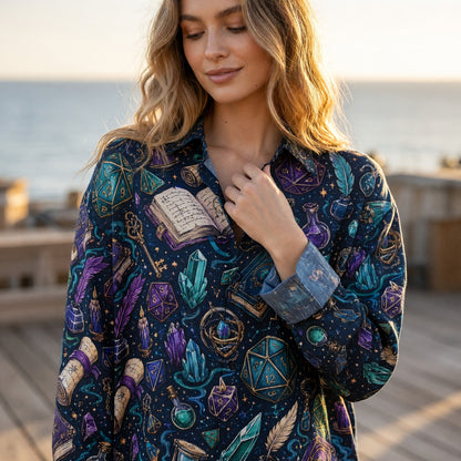 Fantasy Dungeon Magic Linen Shirt - Fantasy RPG Wizard Pattern