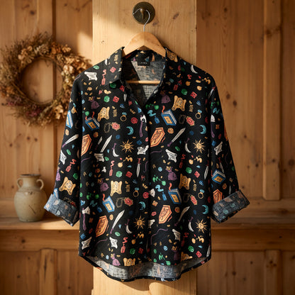 Fantasy Dungeon Linen Shirt - RPG Dice Fantasy Pattern