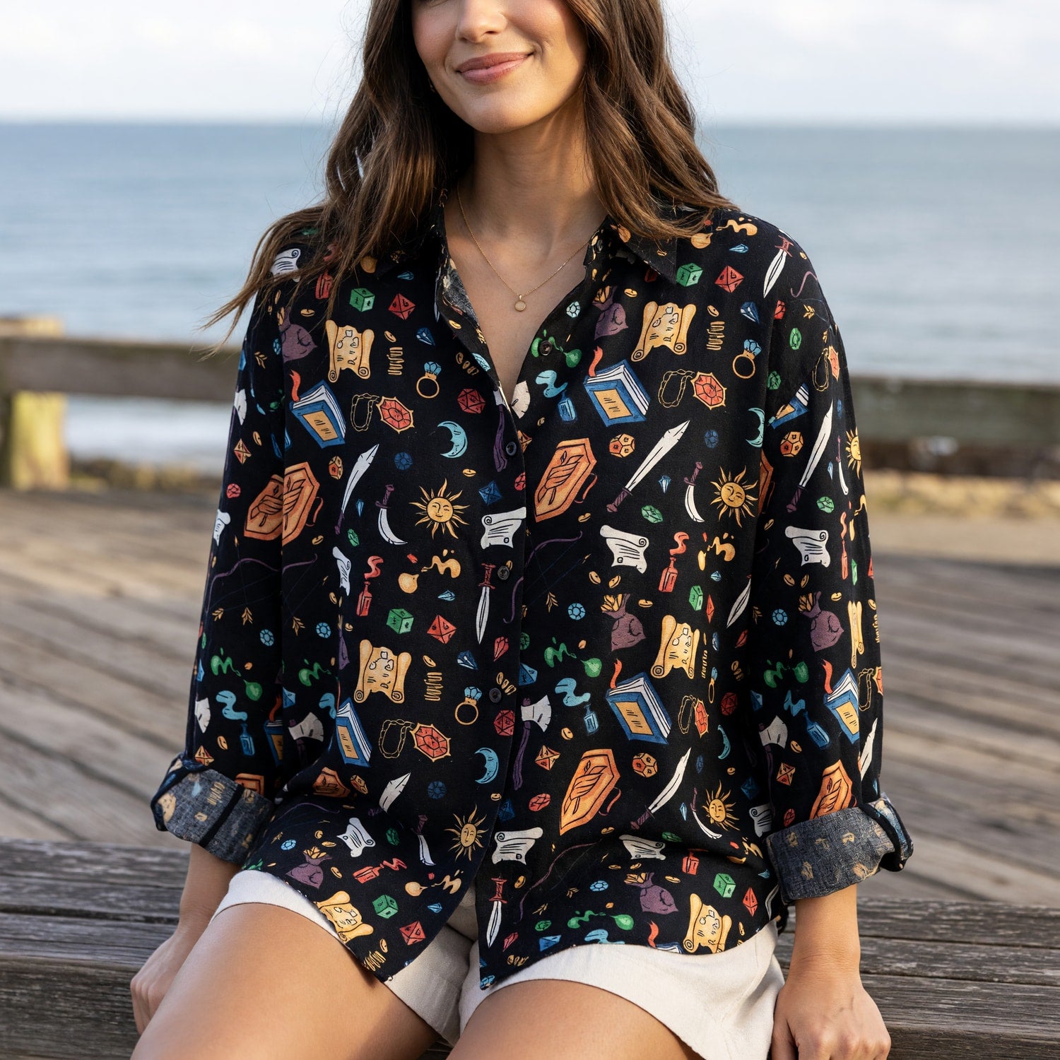 Fantasy Dungeon Linen Shirt - RPG Dice Fantasy Pattern
