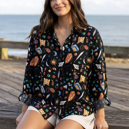 Fantasy Dungeon Linen Shirt - RPG Dice Fantasy Pattern